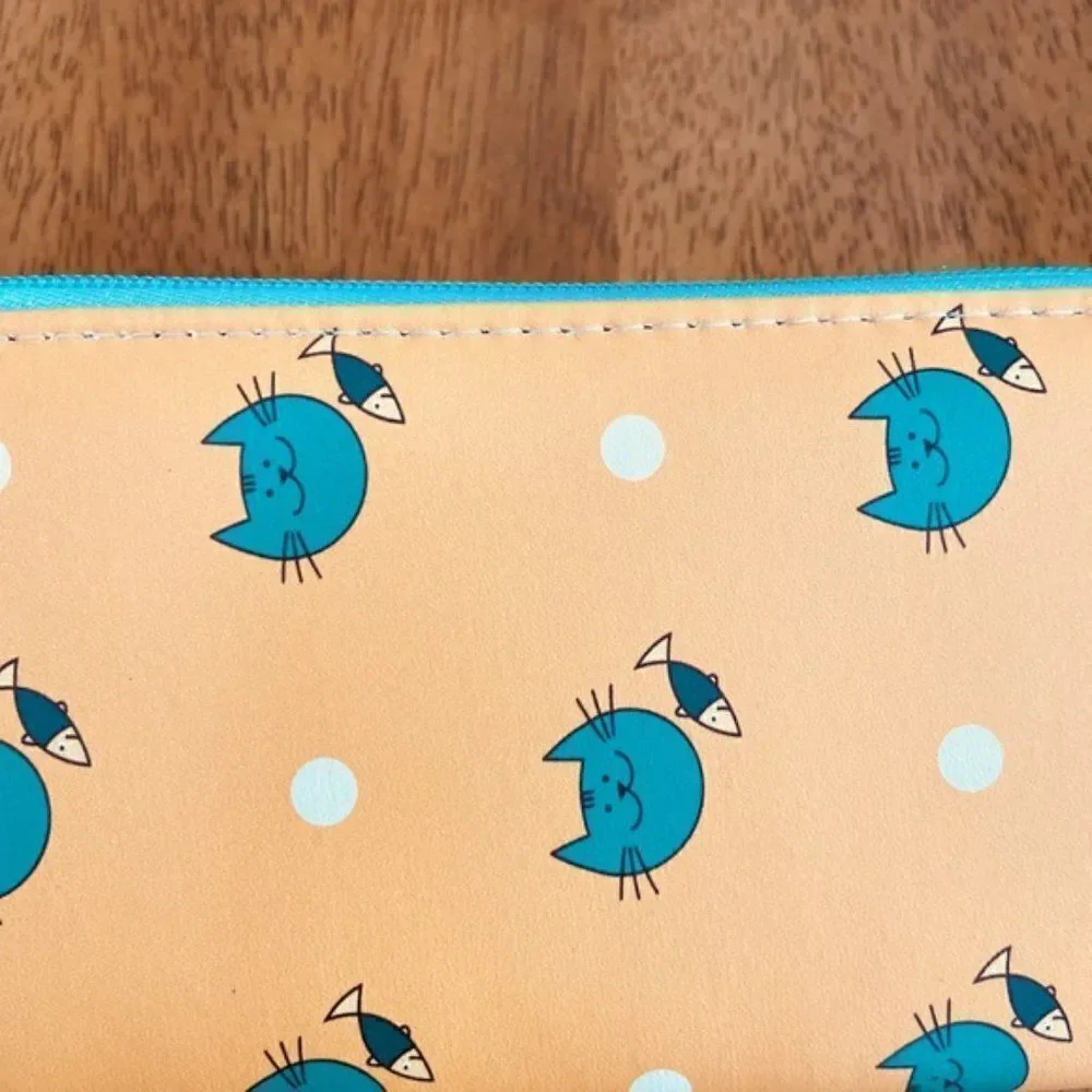 Kawaii Cat & Fish Polka Dot Zip Around Wallet Organizer Yellow Teal NWT
